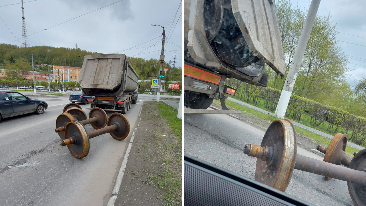 Колесные пары выпали из большегруза на дорогу в Челябинской области