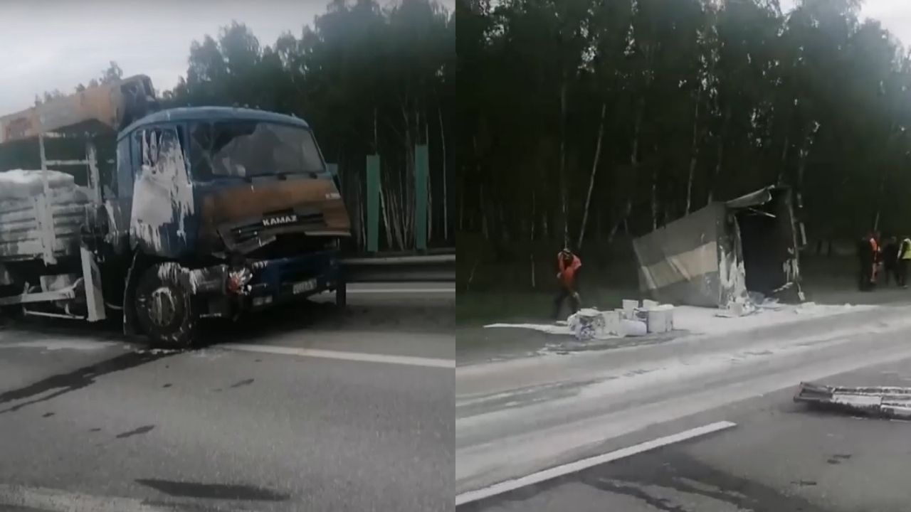 Вся дорога в краске: на трассе под Челябинском из-за ДТП опрокинулся грузовик Вся дорога в краске: на трассе под Челябинском из-за ДТП опрокинулся грузовик