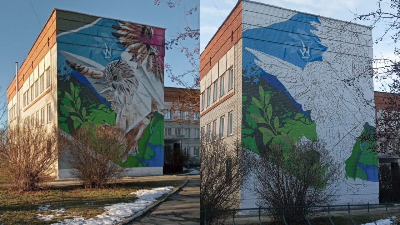 Огромную сову нарисовал художник на здании в Челябинской области