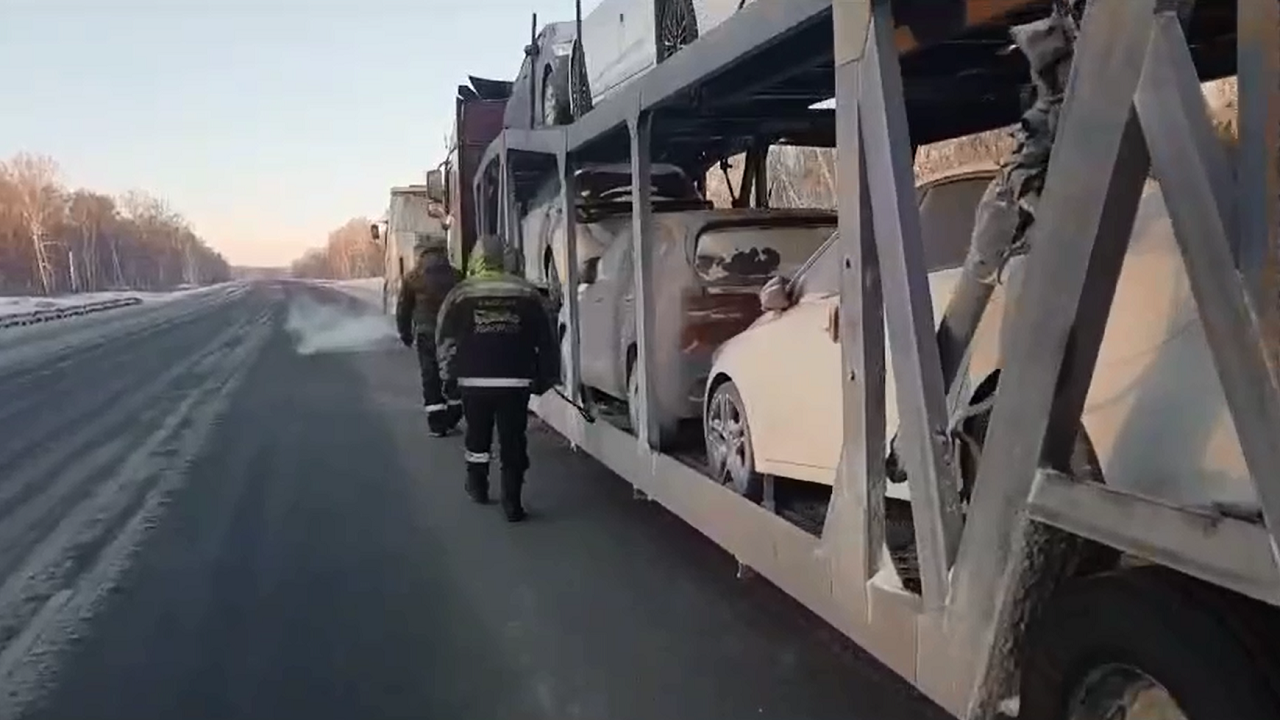 Заглохший на морозе автовоз с иномарками эвакуировали в Челябинской области