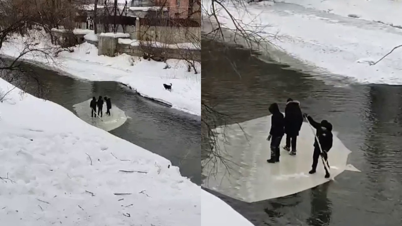 В Челябинской области дети устроили заплыв по реке на льдине